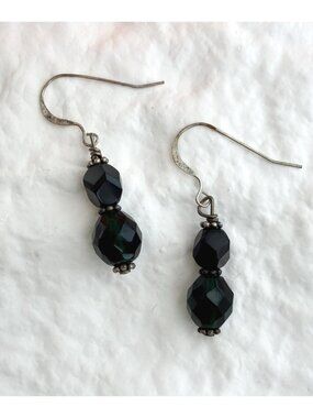 Green Beaded Dangle Ear Wire Vintage Silver Toned 80's Earrings